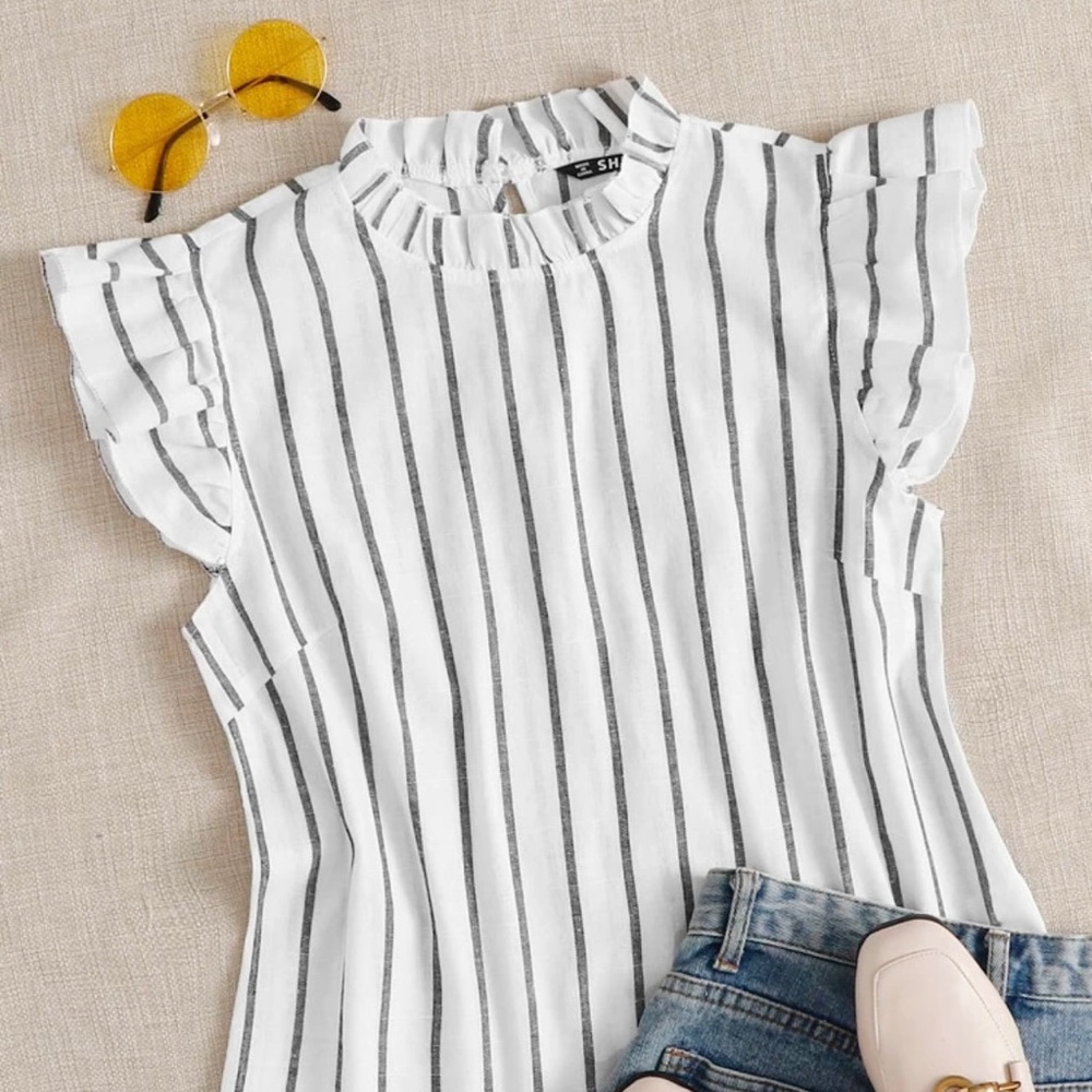 Frilled neck ruffle armhole striped top